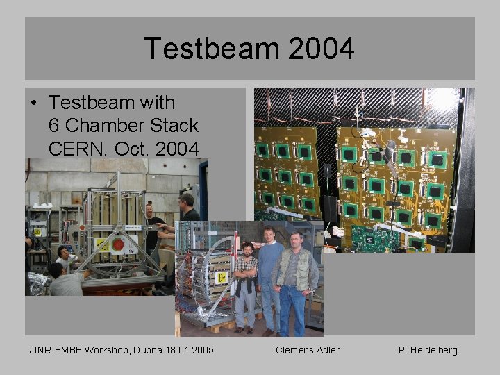 Testbeam 2004 • Testbeam with 6 Chamber Stack CERN, Oct. 2004 JINR-BMBF Workshop, Dubna