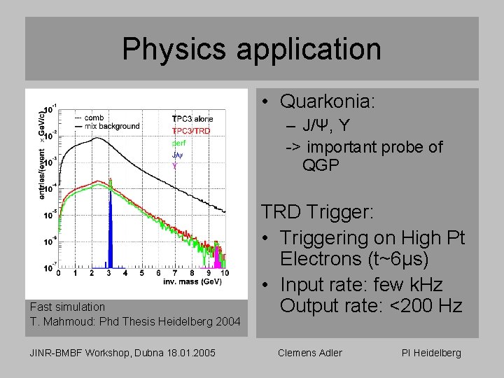 Physics application • Quarkonia: – J/Ψ, Y -> important probe of QGP Fast simulation