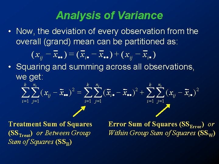 Analysis of Variance • Now, the deviation of every observation from the overall (grand)