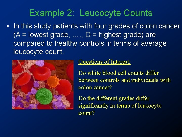 Example 2: Leucocyte Counts • In this study patients with four grades of colon