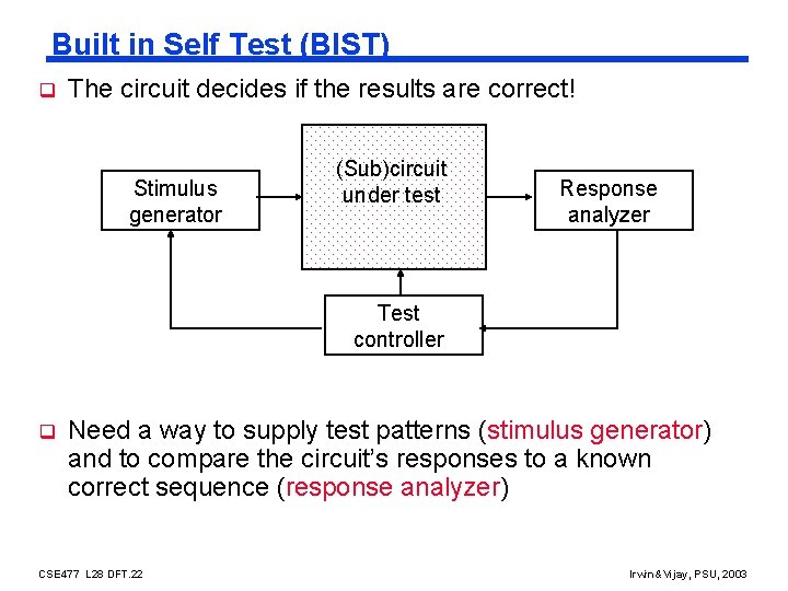 Built in Self Test (BIST) q The circuit decides if the results are correct!