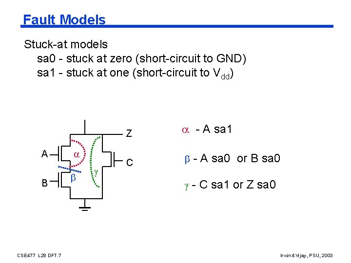 Fault Models Stuck-at models sa 0 - stuck at zero (short-circuit to GND) sa