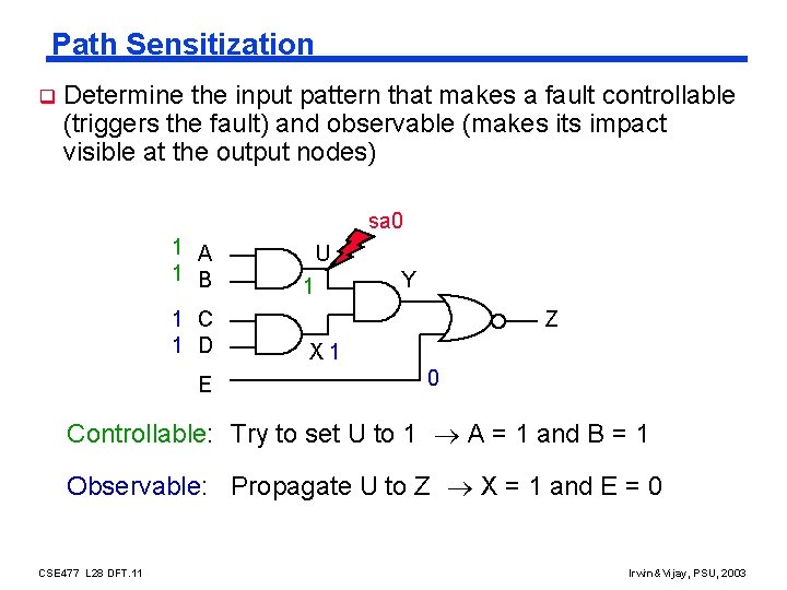 Path Sensitization q Determine the input pattern that makes a fault controllable (triggers the