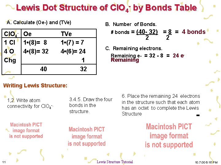 Lewis Dot Structure of Cl. O 4 - by Bonds Table A. Calculate (Oe-)