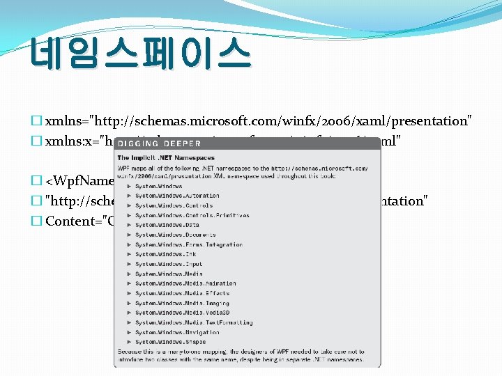 네임스페이스 � xmlns="http: //schemas. microsoft. com/winfx/2006/xaml/presentation" � xmlns: x="http: //schemas. microsoft. com/winfx/2006/xaml" � <Wpf.