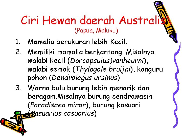 Ciri Hewan daerah Australis (Papua, Maluku) 1. Mamalia berukuran lebih Kecil. 2. Memiliki mamalia