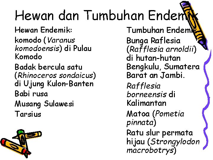 Hewan dan Tumbuhan Endemik Hewan Endemik: 1. komodo (Varanus komodoensis) di Pulau Komodo 2.