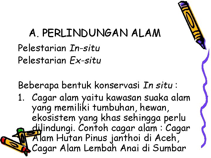 A. PERLINDUNGAN ALAM Pelestarian In-situ Pelestarian Ex-situ Beberapa bentuk konservasi In situ : 1.