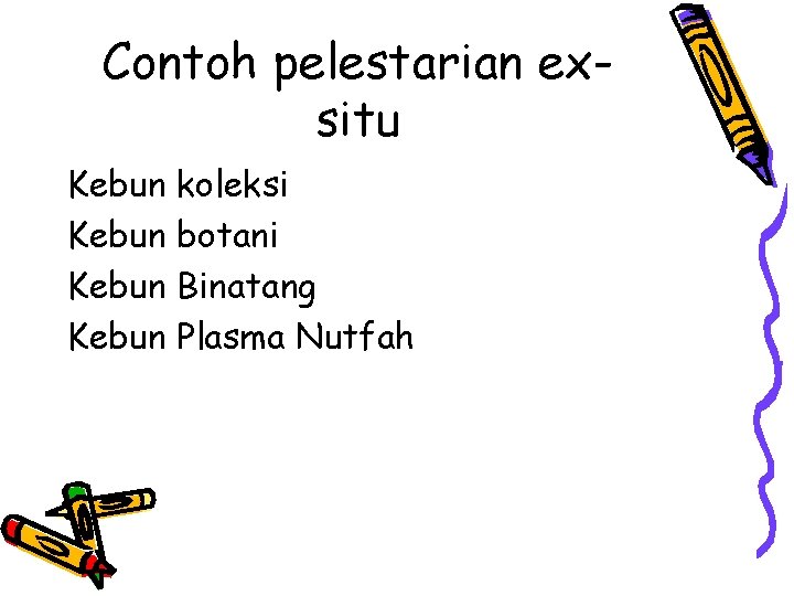 Contoh pelestarian exsitu Kebun koleksi Kebun botani Kebun Binatang Kebun Plasma Nutfah 