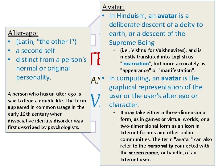 Alter-ego: • (Latin, "the other I") • a second self • distinct from a Alter-ego: • (Latin, "the other I") • a second self • distinct from a