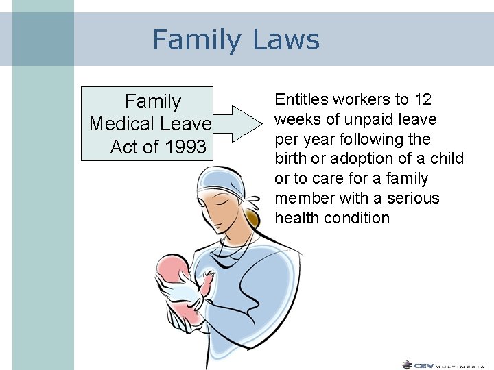 Family Laws Family Medical Leave Act of 1993 Entitles workers to 12 weeks of