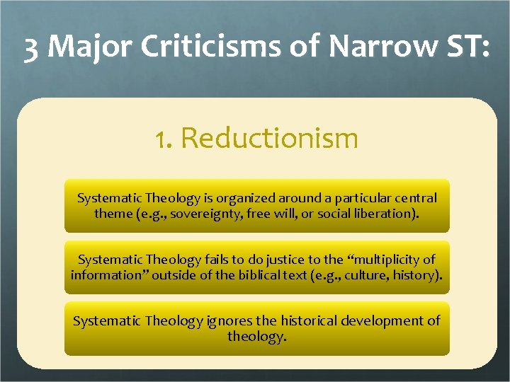 3 Major Criticisms of Narrow ST: 1. Reductionism Systematic Theology is organized around a