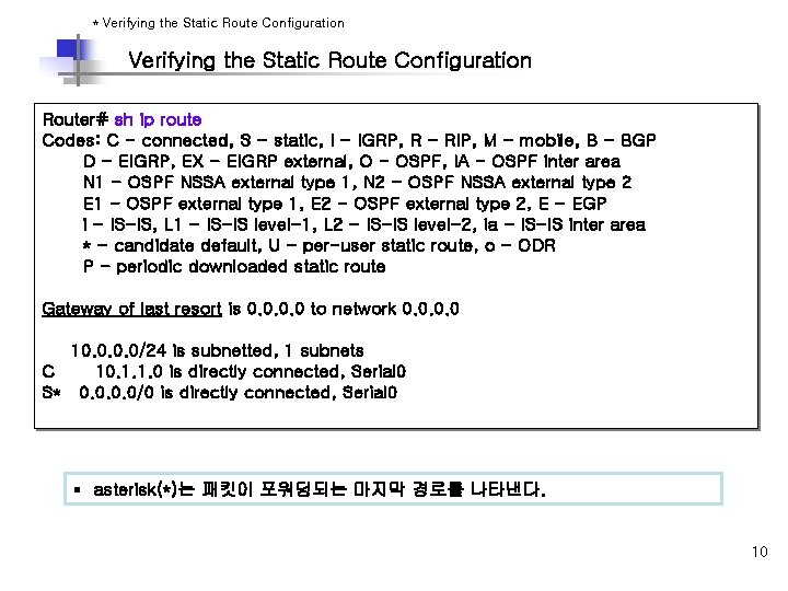 * Verifying the Static Route Configuration Router# sh ip route Codes: C - connected,
