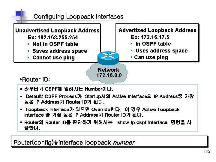 Configuing Loopback Interfaces Unadvertised Loopback Address Ex: 192. 168. 255. 254 • Not in