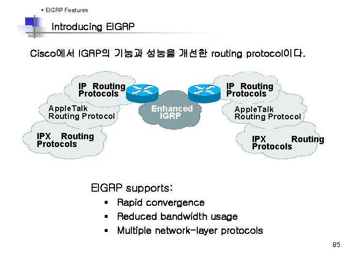 * EIGRP Features Introducing EIGRP Cisco에서 IGRP의 기능과 성능을 개선한 routing protocol이다. IP Routing