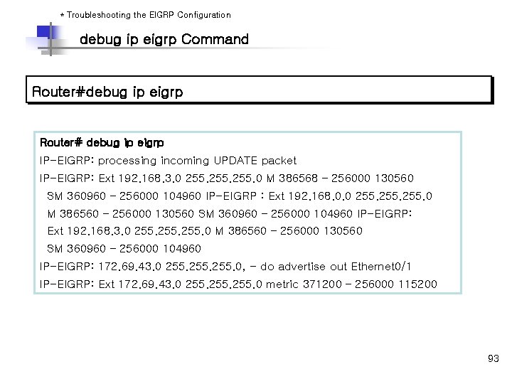* Troubleshooting the EIGRP Configuration debug ip eigrp Command Router#debug ip eigrp Router# debug