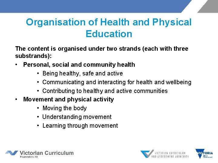Organisation of Health and Physical Education The content is organised under two strands (each Organisation of Health and Physical Education The content is organised under two strands (each