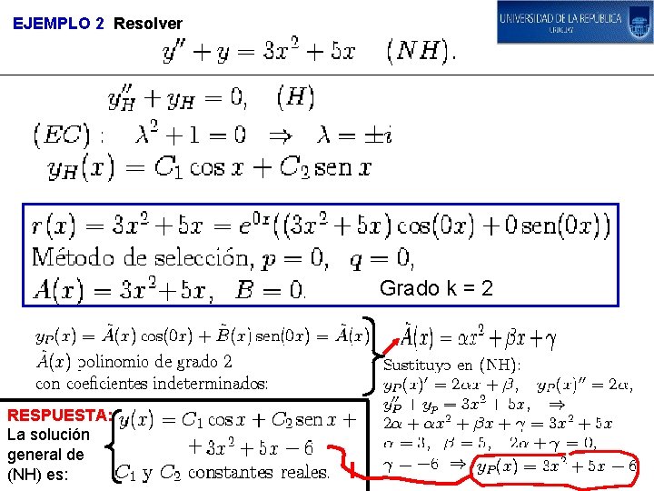 EJEMPLO 2 Resolver Grado k = 2 RESPUESTA: La solución general de (NH) es: