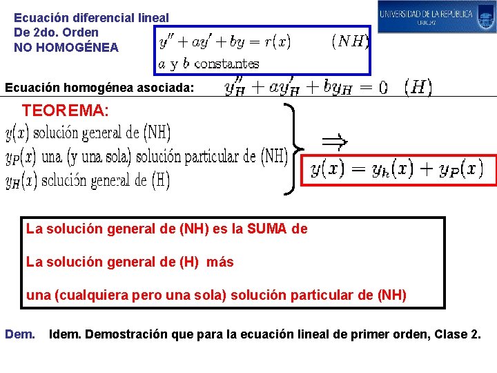 Ecuación diferencial lineal De 2 do. Orden NO HOMOGÉNEA Ecuación homogénea asociada: TEOREMA: La