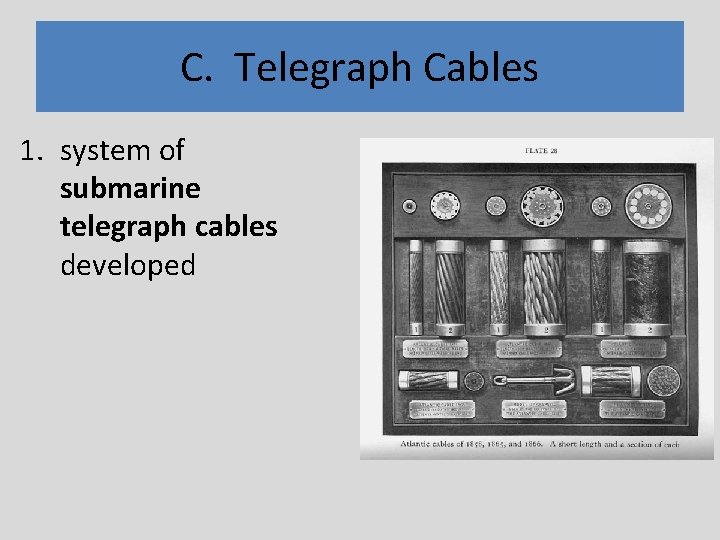 C. Telegraph Cables 1. system of submarine telegraph cables developed 