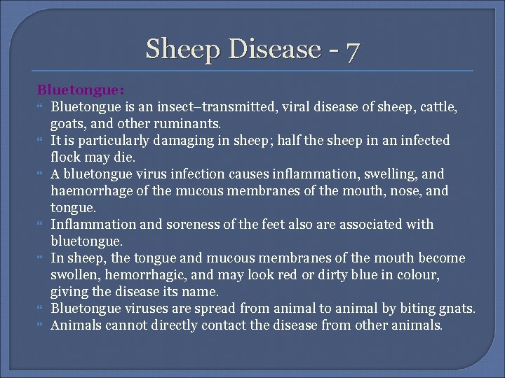 Sheep Disease - 7 Bluetongue: Bluetongue is an insect–transmitted, viral disease of sheep, cattle,