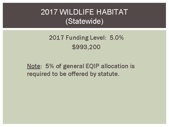 2017 WILDLIFE HABITAT (Statewide) 2017 Funding Level: 5. 0% $993, 200 Note: 5% of