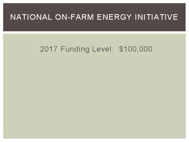 NATIONAL ON-FARM ENERGY INITIATIVE 2017 Funding Level: $100, 000 