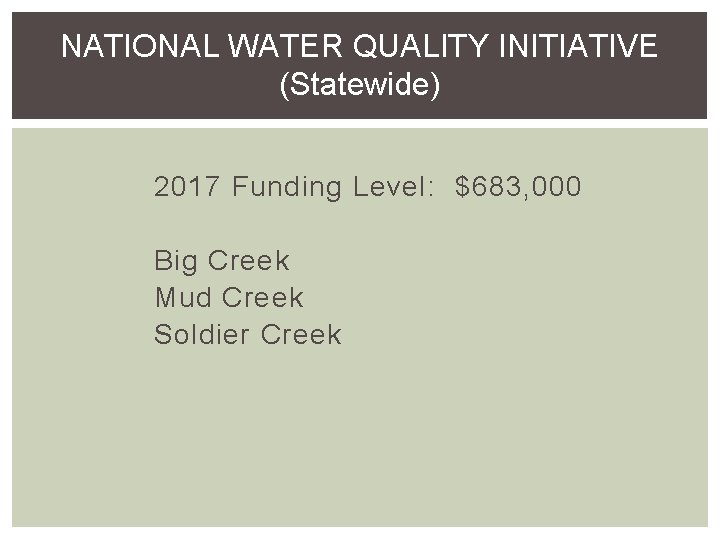 NATIONAL WATER QUALITY INITIATIVE (Statewide) 2017 Funding Level: $683, 000 Big Creek Mud Creek