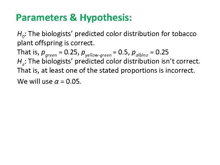 Parameters & Hypothesis: H 0: The biologists’ predicted color distribution for tobacco plant offspring