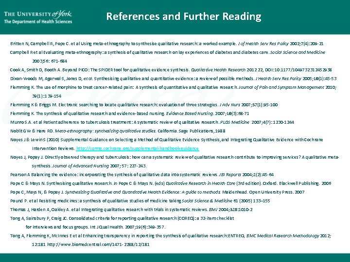 References and Further Reading Britten N, Campbell R, Pope C. et al Using meta-ethnography References and Further Reading Britten N, Campbell R, Pope C. et al Using meta-ethnography