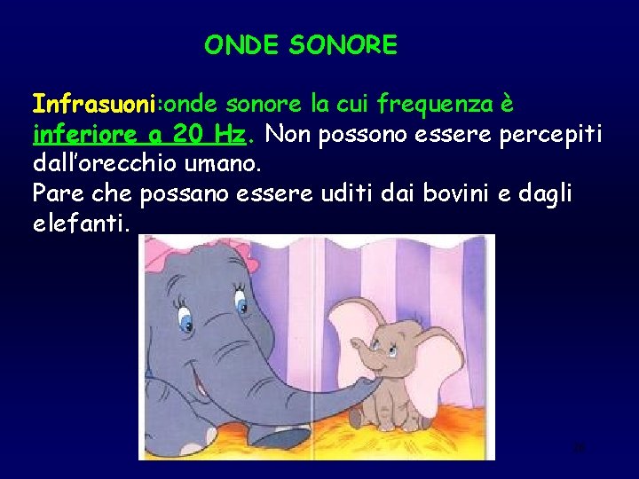 ONDE SONORE Infrasuoni: onde sonore la cui frequenza è inferiore a 20 Hz. Non