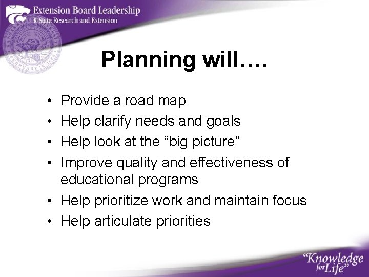 Planning will…. • • Provide a road map Help clarify needs and goals Help