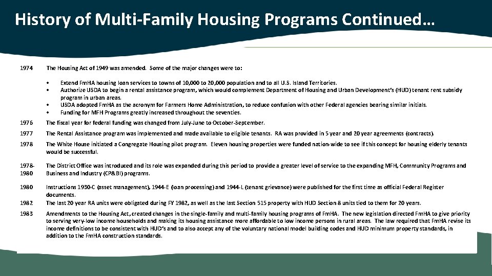 History of Multi-Family Housing Programs Continued… 1974 The Housing Act of 1949 was amended.