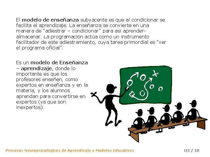 El modelo de enseñanza subyacente es que al condicionar se facilita el aprendizaje. La