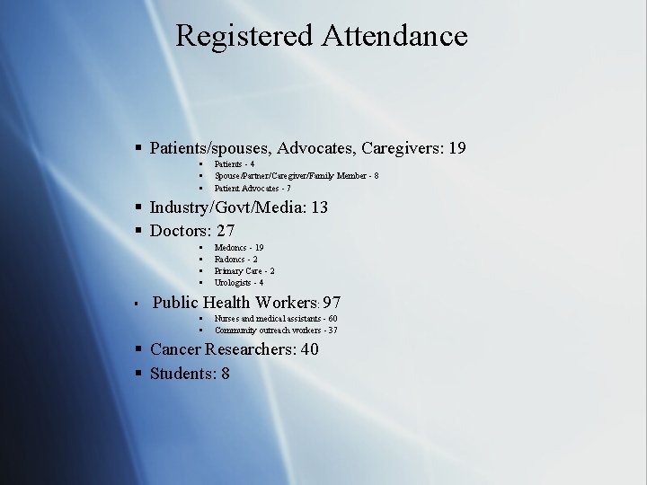 Registered Attendance § Patients/spouses, Advocates, Caregivers: 19 § § § Patients - 4 Spouse/Partner/Caregiver/Family
