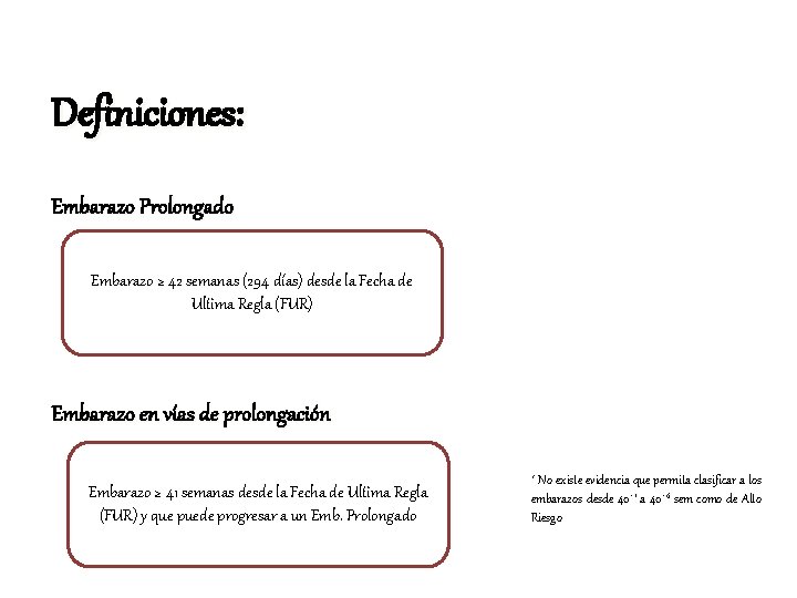Definiciones: Embarazo Prolongado Embarazo ≥ 42 semanas (294 días) desde la Fecha de Ultima