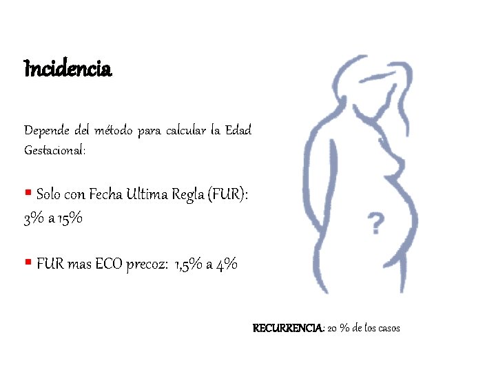 Incidencia Depende del método para calcular la Edad Gestacional: § Solo con Fecha Ultima