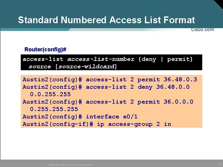 Standard Numbered Access List Format Router(config)# access-list-number {deny | permit} source [source-wildcard] Austin 2(config)#
