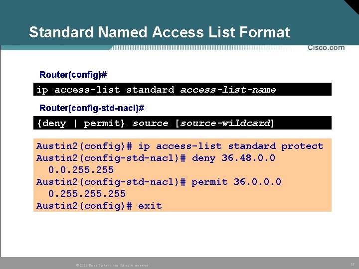 Standard Named Access List Format Router(config)# ip access-list standard access-list-name Router(config-std-nacl)# {deny | permit} Standard Named Access List Format Router(config)# ip access-list standard access-list-name Router(config-std-nacl)# {deny | permit}