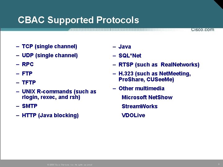 CBAC Supported Protocols – TCP (single channel) – Java – UDP (single channel) – CBAC Supported Protocols – TCP (single channel) – Java – UDP (single channel) –