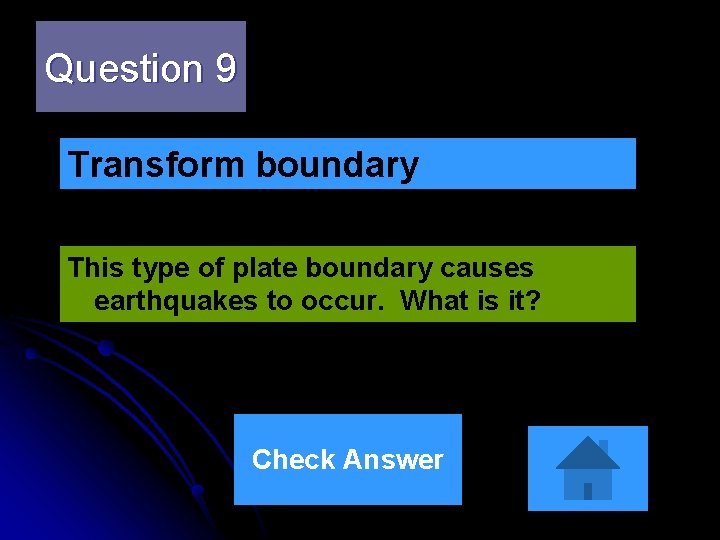 Question 9 Transform boundary This type of plate boundary causes earthquakes to occur. What