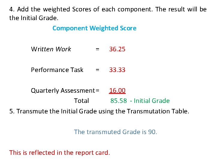 4. Add the weighted Scores of each component. The result will be the Initial