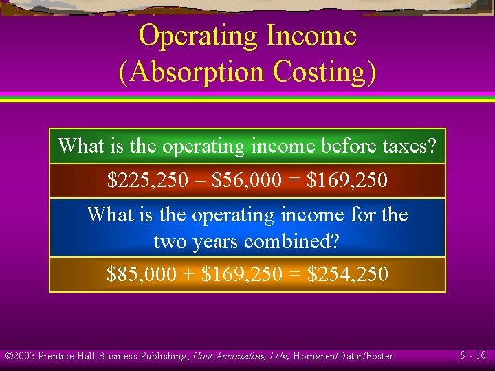 Operating Income (Absorption Costing) What is the operating income before taxes? $225, 250 –