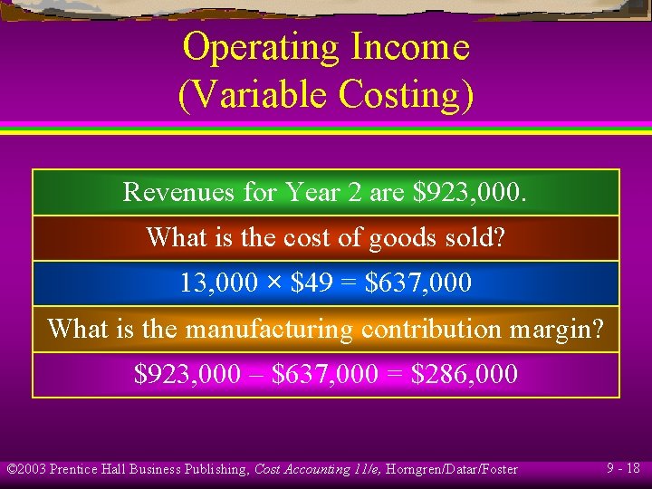 Operating Income (Variable Costing) Revenues for Year 2 are $923, 000. What is the