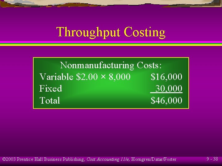 Throughput Costing Nonmanufacturing Costs: Variable $2. 00 × 8, 000 $16, 000 Fixed 30,