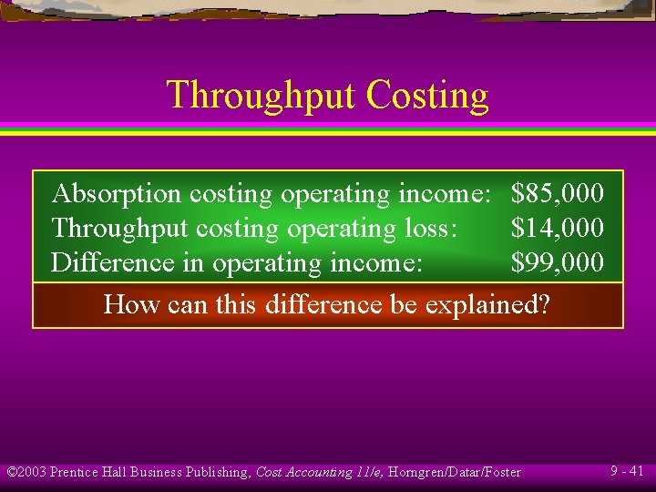 Throughput Costing Absorption costing operating income: $85, 000 Throughput costing operating loss: $14, 000