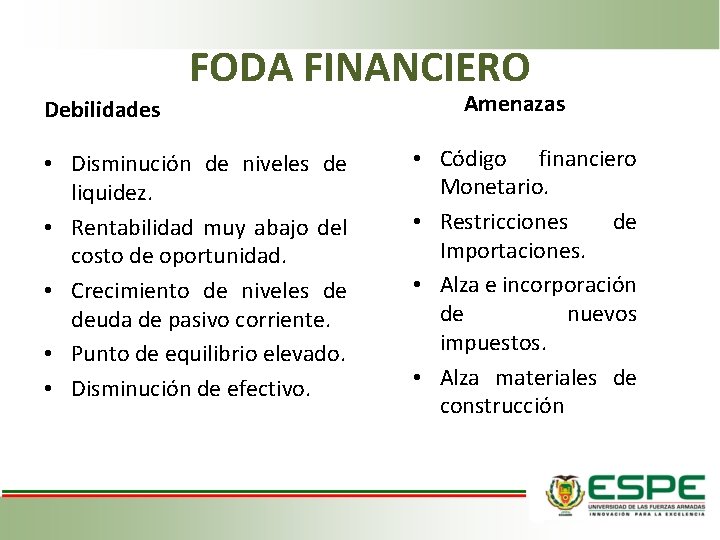 FODA FINANCIERO Debilidades • Disminución de niveles de liquidez. • Rentabilidad muy abajo del