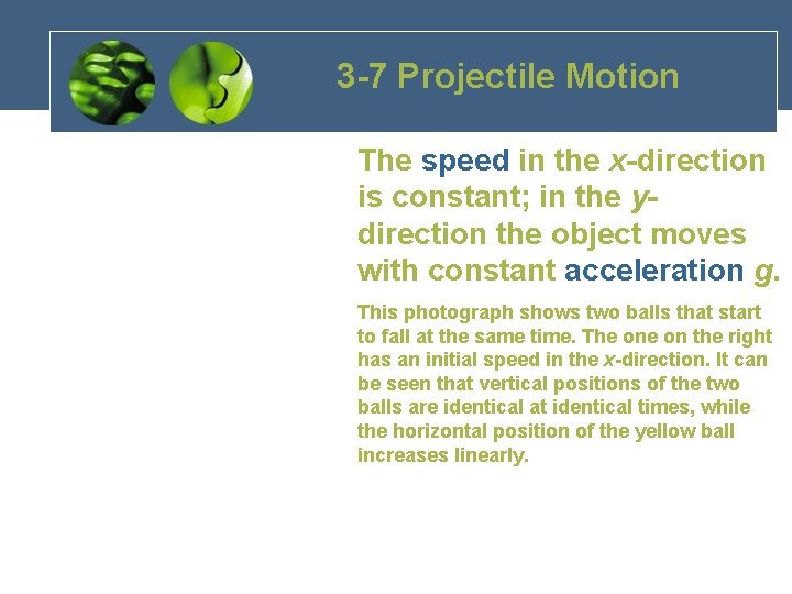 3 -7 Projectile Motion The speed in the x-direction is constant; in the ydirection