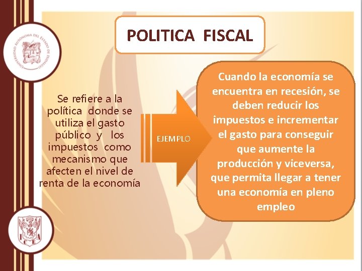 POLITICA FISCAL Se refiere a la política donde se utiliza el gasto público y