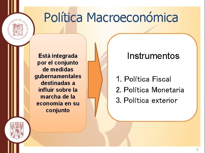 Política Macroeconómica Está integrada por el conjunto de medidas gubernamentales destinadas a influir sobre